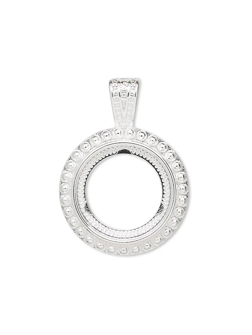 Silver Plated Brass Fancy Dotted 12mm Round Cabochon Pendant Setting with Bail